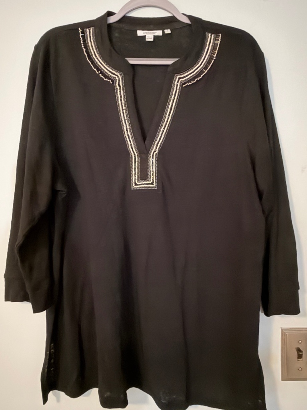 Chico's Size 3 Black 100% Linen tunic w/ beaded neckline